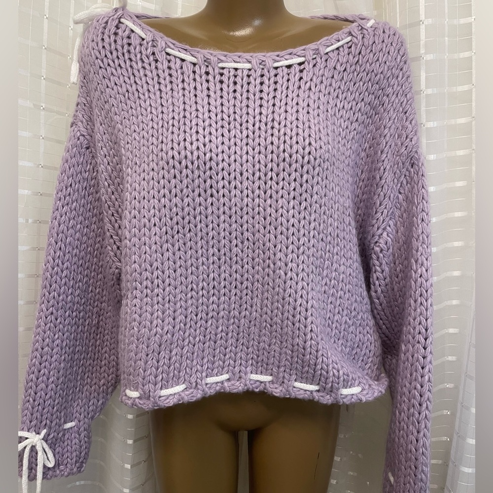 Purple and white beginning boutique off the shoulder sweater